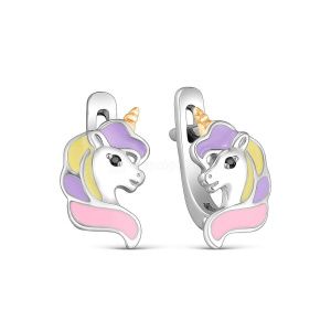 2313028 Серьги детские единорожек с эмалью (Серебро 925)
